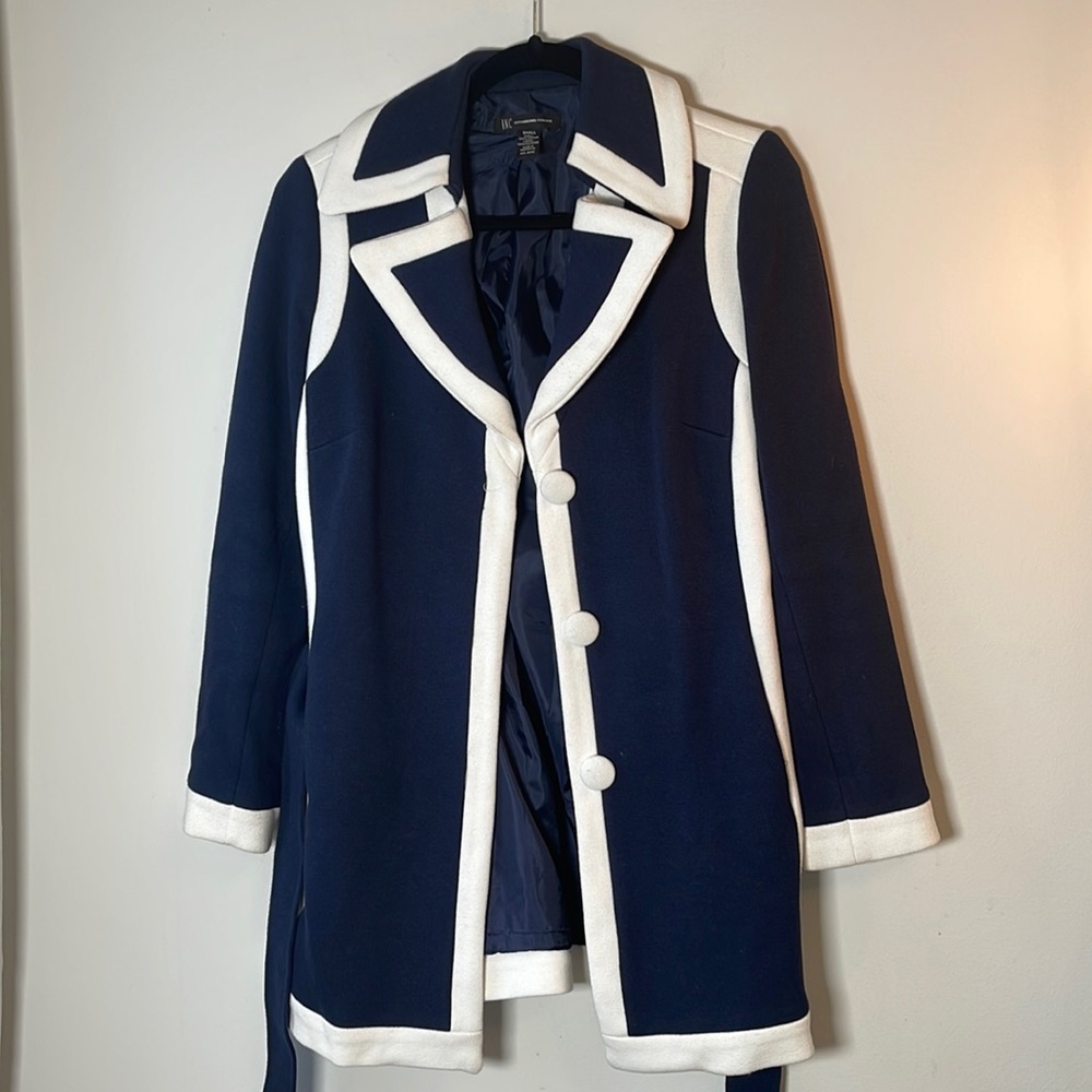 EUC INC International Concepts Navy White Trim Tie Waist Short Pea Coat Small